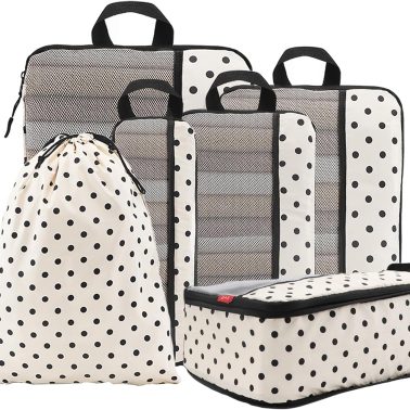 6 Set Compression Packing Cubes - Ultralight Travel Organizers with Laundry Bag, Space-Saving Suitcase Organizer, Expandable Packing Cubes for Travel, Business Trip and Family Vacation (Polka Dot)